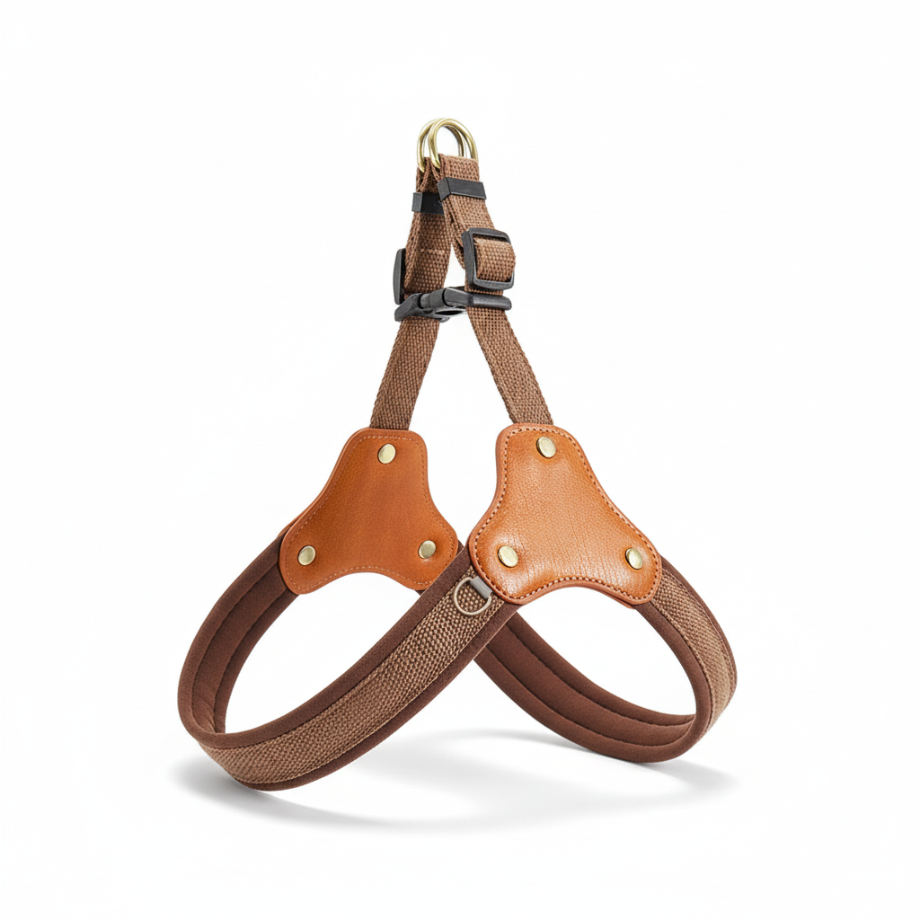 Adjustable Soft Padded Dog Harness, Premium Canvas & Genuine Leather Pet Vest, Durable Metal Rings & Quick-Release Buckle, Classic Brown for Small Medium Large Breeds, No-Pull Training & Walking